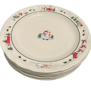 Pfaltzgraff Snow Village 11" Dinner Plates Christmas Snowman Santa Set of 6